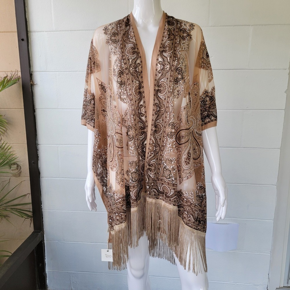 T.P.O Paisley Burnout Kimono Brown Women's One Size Boho Chic Fringe Wrap NWT